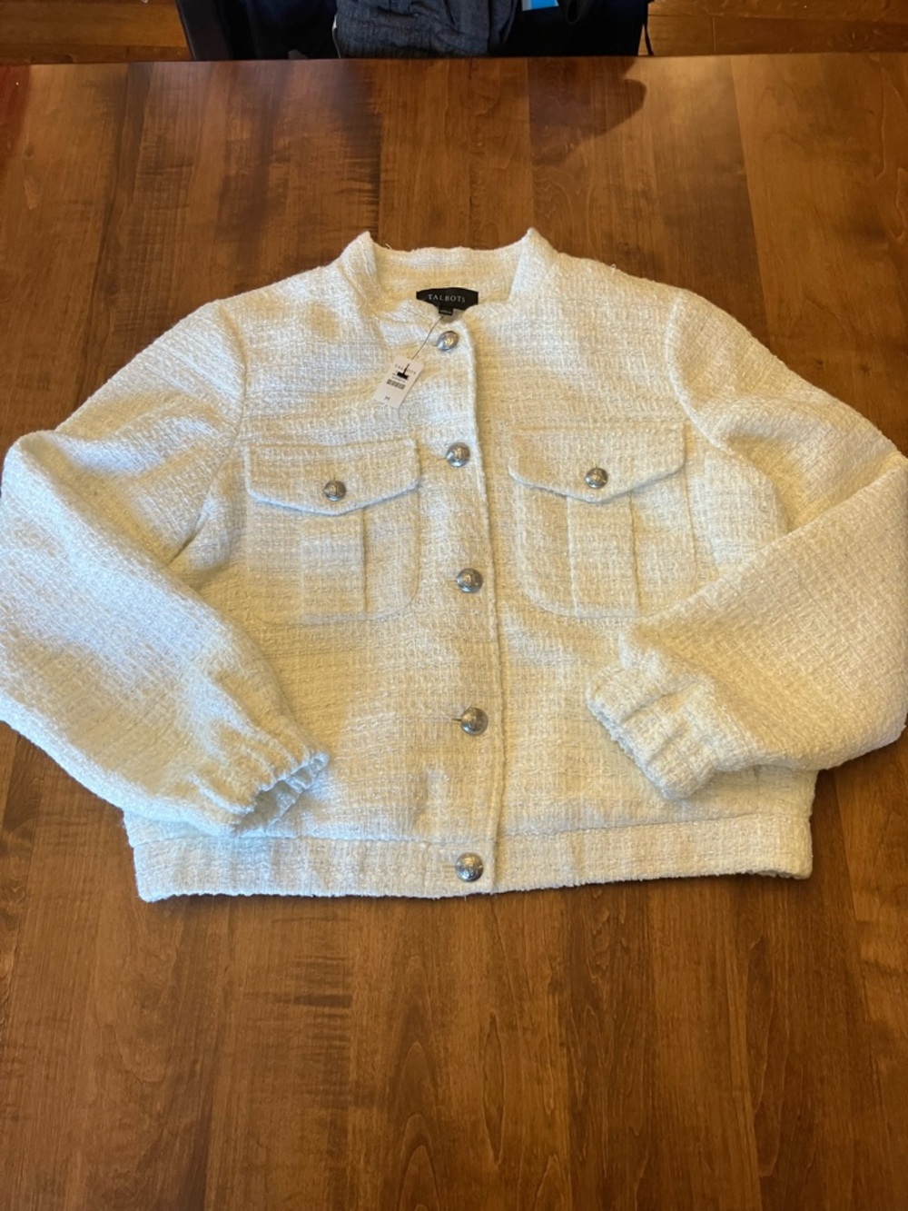 Talbots women’s SPARKLE TWEED BOMBER JACKET size medium. Ivory. NWT